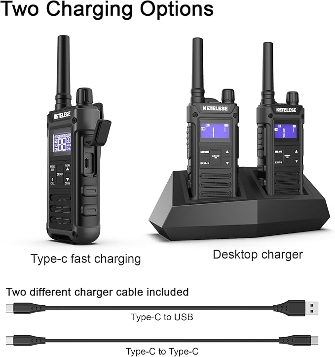 T3G IP67 Waterproof Walkie Talkies for Adults, Heavy Duty 2 Way Radios with Earpiece, Three Charging Options, GMRS Radio, USB, NOAA, VOX(2 Pack), Black/Grey