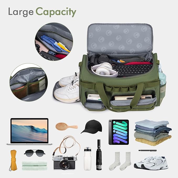 BAGZY Tactical Gym Bags for Men 3 In 1 Travel Duffle Bag 40L with Shoe Compartment Travel Backpack Fitness Weekender Deployment with 1pcs Tactical Toiletry Bag Green