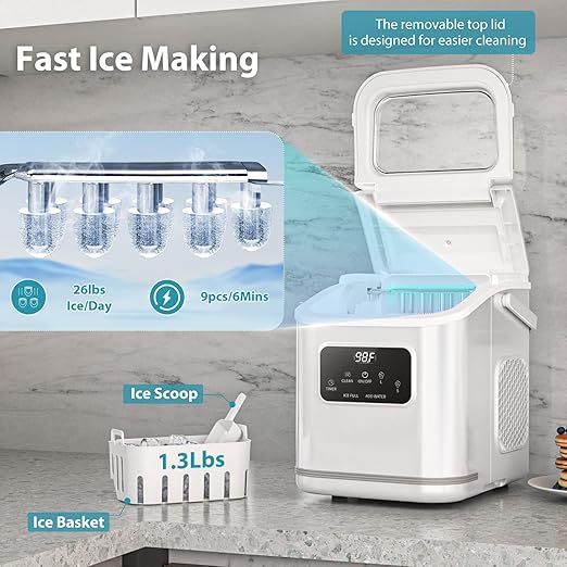 Ice Maker Machine countertop Self Cleaning Portable Compact Small Bullet Ice Maker with Digital Screen,9 Cubes in 6 Mins,26lbs in 24Hrs,for Camping Dorm Home Outdoor(White)
