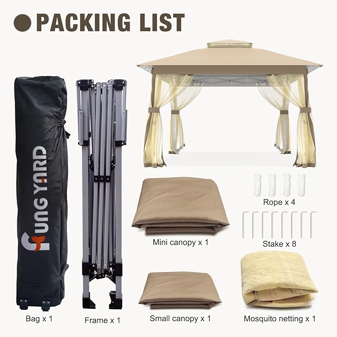 Pop Up Gazebo 11x11 - Outdoor Canopy Tent with Mosquito Netting & Wheeled Carry Bag, Double Roof Gazebos for Backyard Party Garden Wedding Camping (Beige, 11x11)