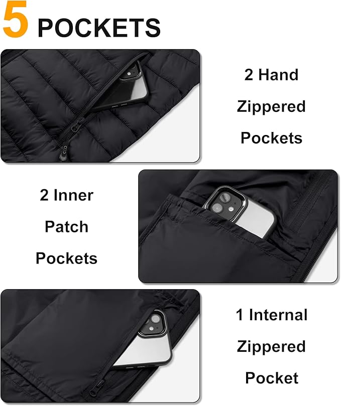 33,000ft Men's Lightweight Packable Insulated Puffer Vest Outerwear, Warm Winter Sleeveless Jacket for Golf Running