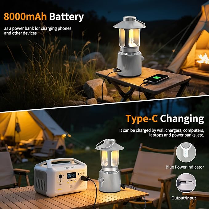 Rechargeable Camping Lantern 8000mAh, Telescoping Lighting Camping Light, 3 Light Modes Hanging Vintage Lantern, Portable Waterproof Tent Light for Hiking, Power Outages, Emergency (Silver)