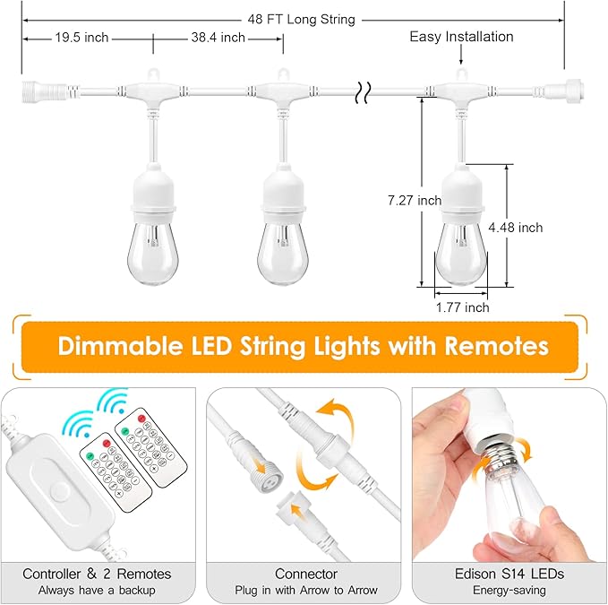 Mlambert 3 Color Outdoor LED Dimmable String Lights for Patio with Remote, Plug in 48FT Waterproof Shatterproof LED Bulb Light for Cafe-White Cord