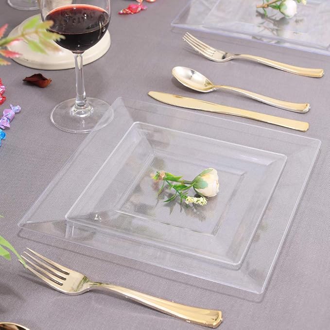 WDF 60PCS Clear Plastic Plates-9.5inch Square Disposable Plates - Premium Square Plastic Dinner Plates-Clear Dinner Plates Perfect for Wedding & Parties