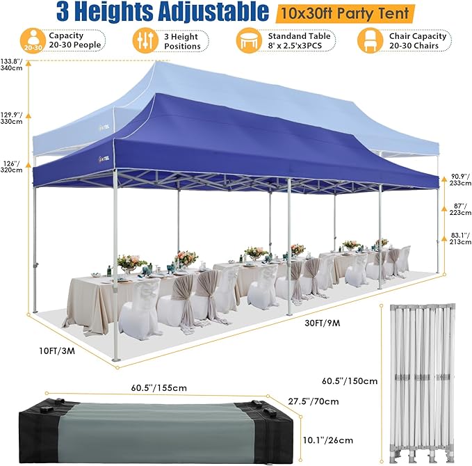 HOTEEL 10x30 Pop up Canopy Tent for Parties, Heavy Duty Easy Setup Tent with 8 Sidewalls, Outdoor Commercial Instant Gazebo for Wedding Event, with Portable Bag & Sand Bags, Dark Blue(Hexagonal Frame)