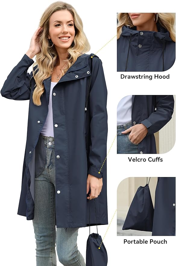 Zando Long Packable Rain Jacket Women Waterproof - Raincoat for Women Rain Coat with Hood Lightweight Outdoor Windbreaker