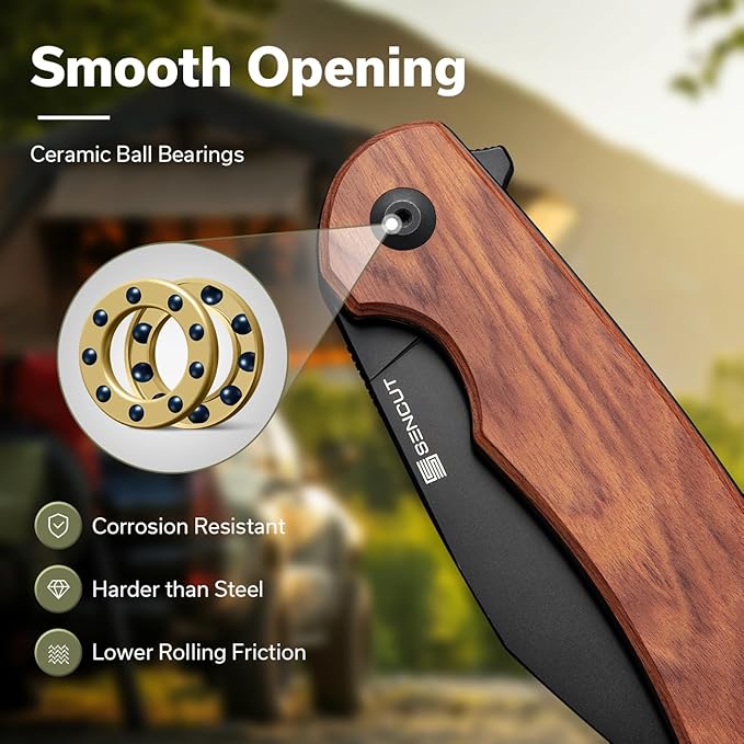 SENCUT Omniform Folding Pocket Knife for Men, Camping Knife with Guibourtia Wood Handle and 3.65" 9Cr18MoV Blade, Large EDC Knife for Outdoor S23064-3