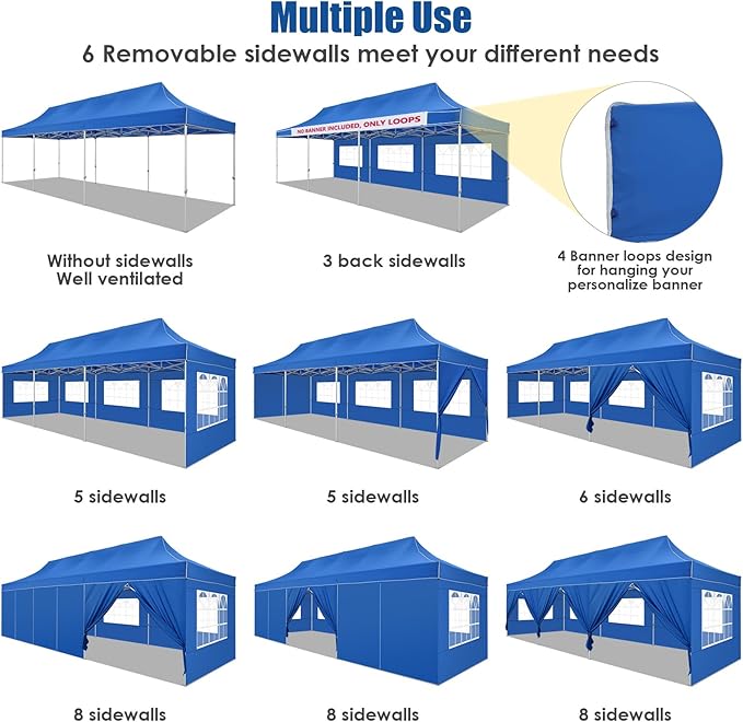 HOTEEL 10x30 Pop up Canopy Tent for Parties, Heavy Duty Easy Setup Tent with 8 Sidewalls, Outdoor Commercial Instant Gazebo for Wedding Event, with Portable Bag & Sand Bags, Blue(Hexagonal Frame)