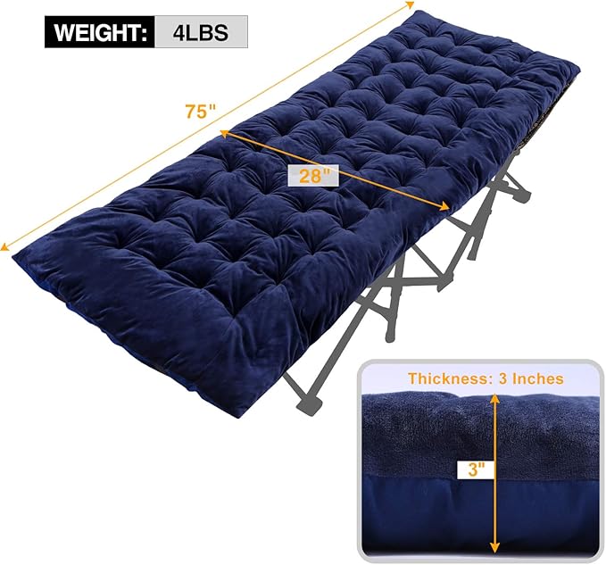 REDCAMP Folding Cot Pads for Sleeping Extra Thick, Soft Comfortable Velvet & Corduroy Cotton Camping Cot Mattress Pad for Backpacking Hiking, Black Blue Brown Grey 75x30 inches