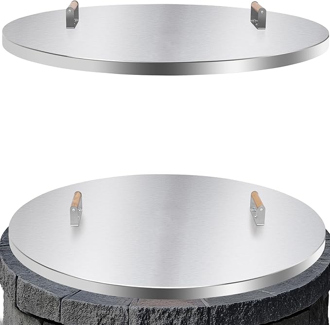 Fire Pit Lid Cover Round - 38" Stainless Steel Rust Resistant Firepit Cover or Table with 2 Wooden Handles for Patio Fire Pit, Weatherproof for All Seasons, Fits Fire Pits Up to 36"