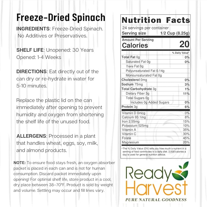 Ready Harvest Freeze Dried Food - Spinach | Emergency Vegetables | Camping Essentials | #10 Can | 25-Year Shelf Life | Cans Filled to the Top