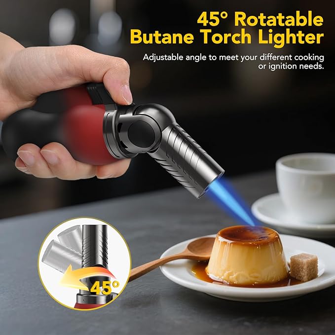 TBTeek Torch Lighter, Portable Kitchen Torch with 45° Rotatable Head and Adjustable Flame, Refillable Butane Torch Lighter for Soldering, Cooking, BBQ, Fireplaces, Red-Black (Gas Not Included)