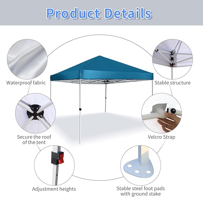 Pop Up Canopy 8X8 FT,Portable Sun Instant Shelter w/Backpack Bag,Waterproof,Adjustable Straight Leg Heights Canopies,Outdoor Tents for Parties,Camping,Commercial Event,Lake Blue