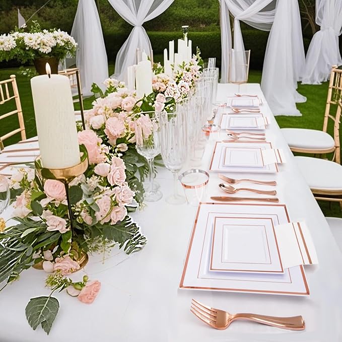 Festiva 350Pcs Rose Gold Plates and Napkins Party Supplies-Square White and Rose Gold Disposable Dinnerware include Plates Cups Cutlery Napkins for 50 Guests Wedding &Party&Mother's Day