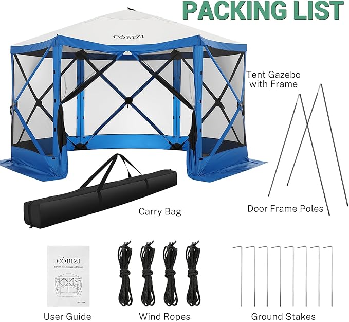 COBIZI 12x12ft Pop up Gazebo Screen House Tent for Camping, Camping Outdoor Screened Gazebo with Mosquito Netting, Portable Hub Tent with Carrying Bag and Ground Stakes, Blue(Upgraded 2.0)
