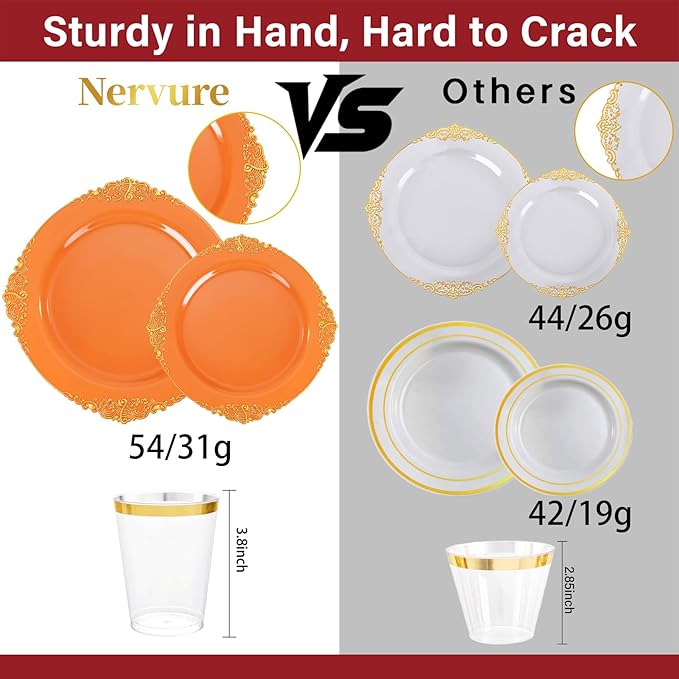 Nervure 175PCS Orange Plastic Plates - Orange and Gold Disposable Plates for 25 Guests Include 50Plates, 25Cups, 25Forks, 25Knives, 25Spoons, 25Napkins for Wedding & Party