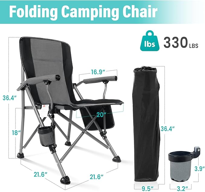 Folding Camping Chair Heavy Duty Portable Outdoor Chairs Supports 330lbs Collapsible Foldable Chair for Outside with Cup Holder&Carry Bag, Folding Lawn Chair for Camp Beach Fishing Sports(Gray)