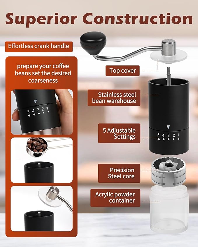 Stainless Steel Burr Manual Coffee Grinder For Drip,French Press,5 Adjustable Settings,Hand Maker with Built-In Burr,For Home Use and Camping (Stainless Steel burr-Black)