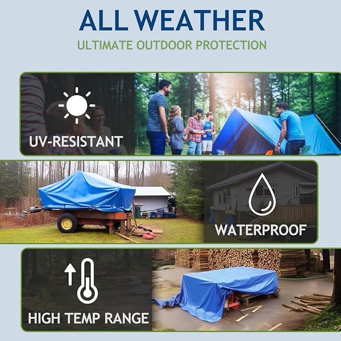 10x20Ft Tarp Cover 5 MIL Waterproof Poly Tarps, Light Duty Tarpaulin with Grommets, Reinforced Edges, Rip & Tear Proof, Multipurpose Finished Size Tarp for Cars, Boat, Roof, Camping - Blue