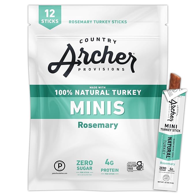 Country Archer Mini Turkey Jerky Sticks - All Natural Turkey Sticks, Meat Snack for People, Gluten Free, Keto Protein Snack, Rosemary Flavor - 0.5 oz (Pack of 12)
