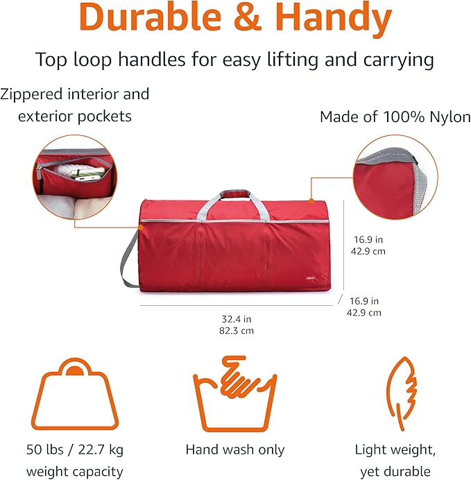 Amazon Essentials 32.4" Extra Large Foldable Nylon Duffel Bag for Travel/Storage with Zippered Pockets, 9254 Cubic Inch (150L), 50-LBS Capacity, Red (Previously Amazon Basics)