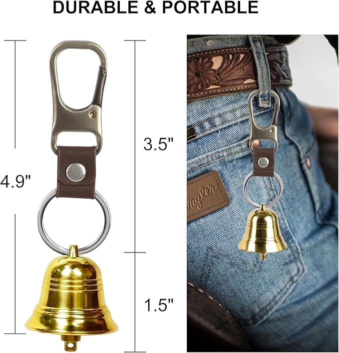 Fhmidic Loud Bear Bell with Whistle Set for Hikers, 3 in 1 Hiking Gear Solid Brass Bear Bells with Silencer, Carabiner and Emergency Whistle for Survival, Hiking, Camping, Climbing