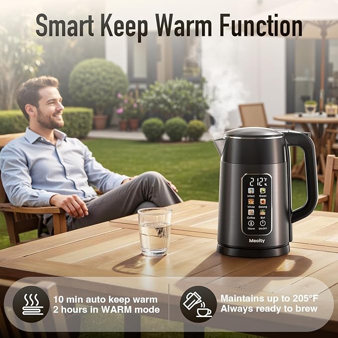 Mecity Electric Kettle Touch Screen Temperature Control Water Boiler, No Plastic Contact with Water. 6 Preset Temperature Programs, 2 Hours Keep Warm, 1.7 Liter Dark Grey