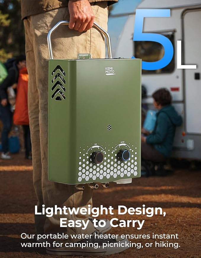 KEMIMOTO Tankless Portable Propane Water Heater Outdoor,1.32Gpm 34000 BTU Camping Portable Water Heater,Easy Installation, 5L Lightweight Heater,Suitable for Rv/Camping/Cabin