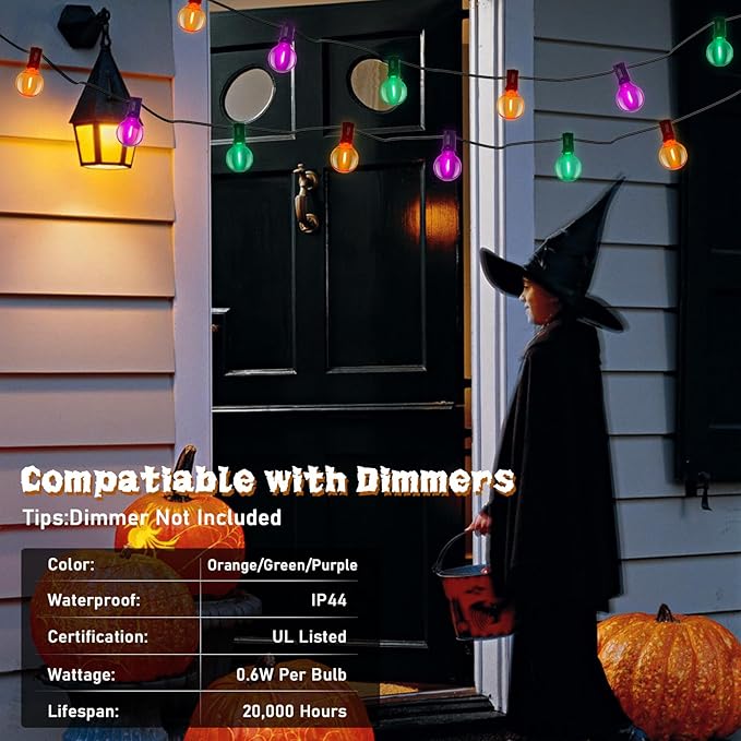 SUNSGNE 25FT Globe Outdoor Halloween String Lights G40 LED String Lights with 27 LED Shatterproof Clear Orange Green Purple Bulbs(2 Spare) for Patio Balcony Backyard Pergola Decor