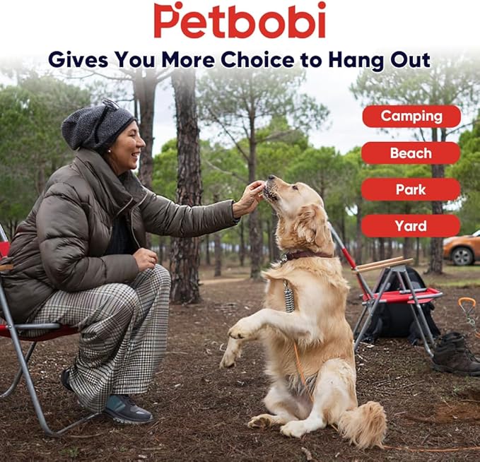 Petbobi Dog Tie-Out Cable and Stake - 30ft Heavy Duty Cable with Spring, No Tangle, 16in Ground Stake, Ideal for Yard, Camping and Beach, Suitable for Small Medium Large Dogs Up to 120 lbs, Orange