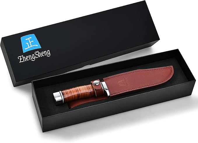 6.7" Fixed Blade Hunting Knife- Genuine Leather Handle Bowie Knives with Sheath Straight Edge for Camping, Hiking, Survival