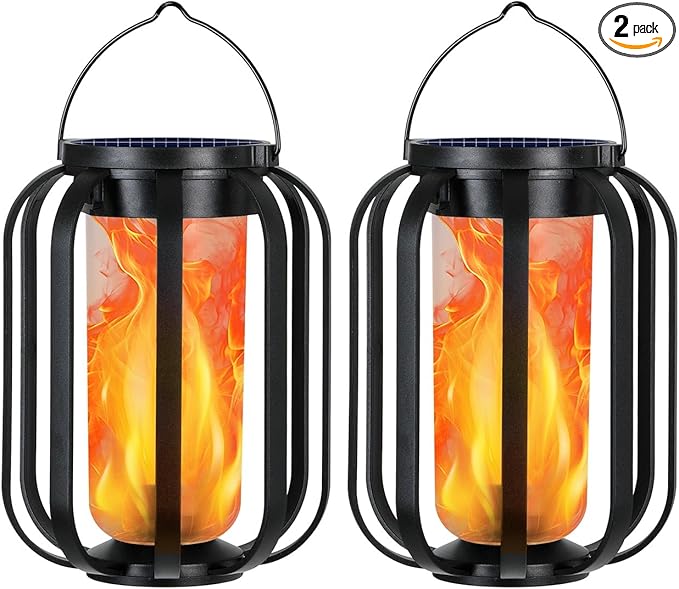 Solar Lantern Outdoor Lights, 2 Pack Waterproof Solar Powered Lanterns with Flickering Flame, Hanging Lantern Decorative for Outside, Solar Powered Outdoor Lights for Yard Garden Patio Table Decor