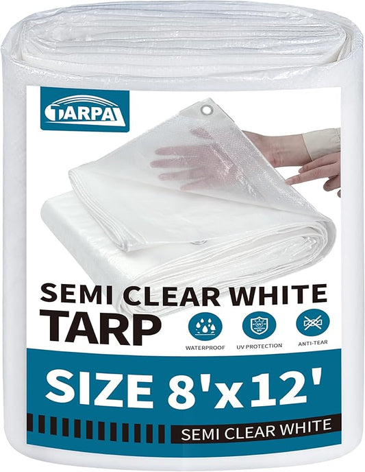 TARPAL 8'x12' Semi Clear White Tarp Waterproof Green House Cover with Grommets 7.5mil Clear Poly tarps for Gardening,Farm, Garden,Chicken Coops,Outdoor
