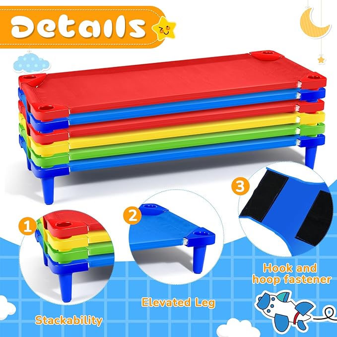 6 Pcs Stackable Daycare Cots for Toddler 54" l x 23" W Kids Cots for Sleeping Portable Kids Bed Furniture Bed Frames Headboards Footboards for Classroom Preschool (Multicolor)
