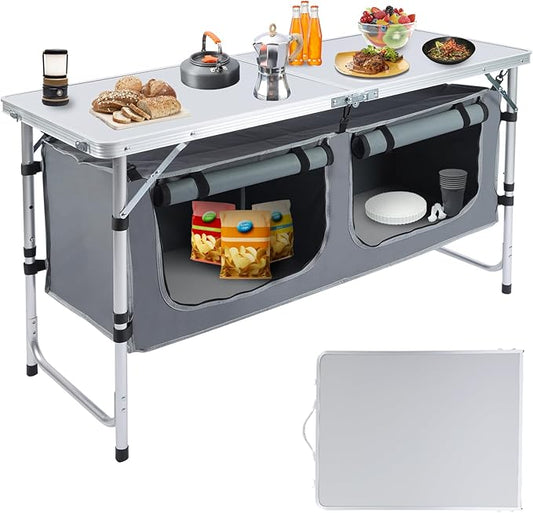 Outdoor Folding Camping Table with Storage Organizer, Portable Aluminum Composite Panel Lightweight Table, 3 Adjustable Height, for Indoor, BBQ, Party, Picnic, Hiking, Beach