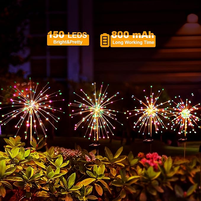 Solar Fireworks Lights for Outside, 150LED 8 Modes Fireworks Solar Lights Outdoor, Fairy Garden Flowers Lights for Yard Pathway Wedding Party Christmas Diwali Garden Decor 4Pack (Multicolor)
