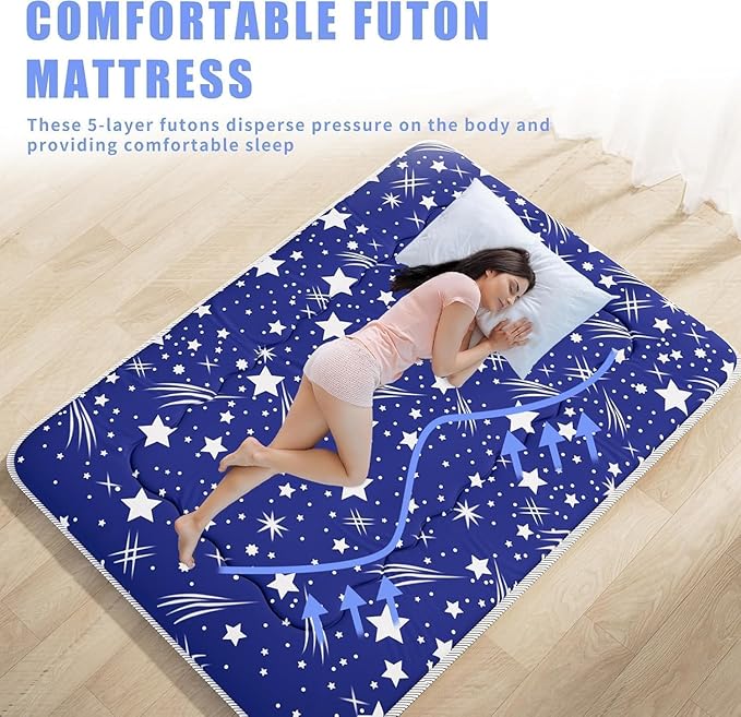 Japanese Futon Mattress, Foldable Tatami Mat Portable Dormitory Sleeping Pad with Bag & Strap, Floor Thicken Sleeping Roll up Camping Mattress (Blue WS1, 48"X80")