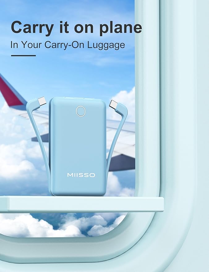 10000mAh Slim Portable Charger with Built in Cable, Power Bank Travel Charger External Battery Pack for Phone, 3 Output USB Type C Cord Clutch Charger Compatible with iPhone, Blue