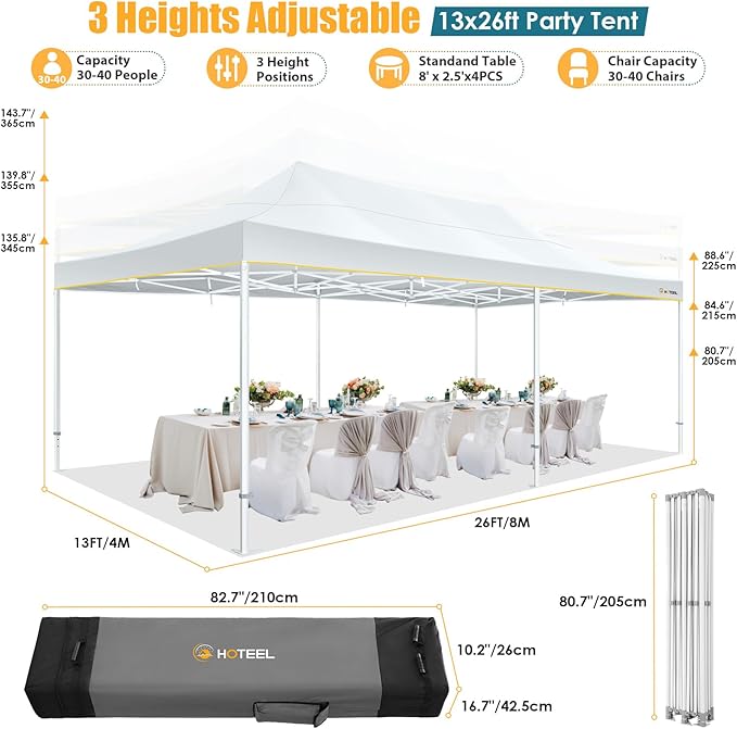 HOTEEL 13x26 Pop up Canopy Tent for Parties, Heavy Duty Easy Setup Tent with 6 Sidewalls, Outdoor Commercial Instant Gazebo for Wedding Event, with Roller Bag & Sand Bags, White(Hexagonal Frame)