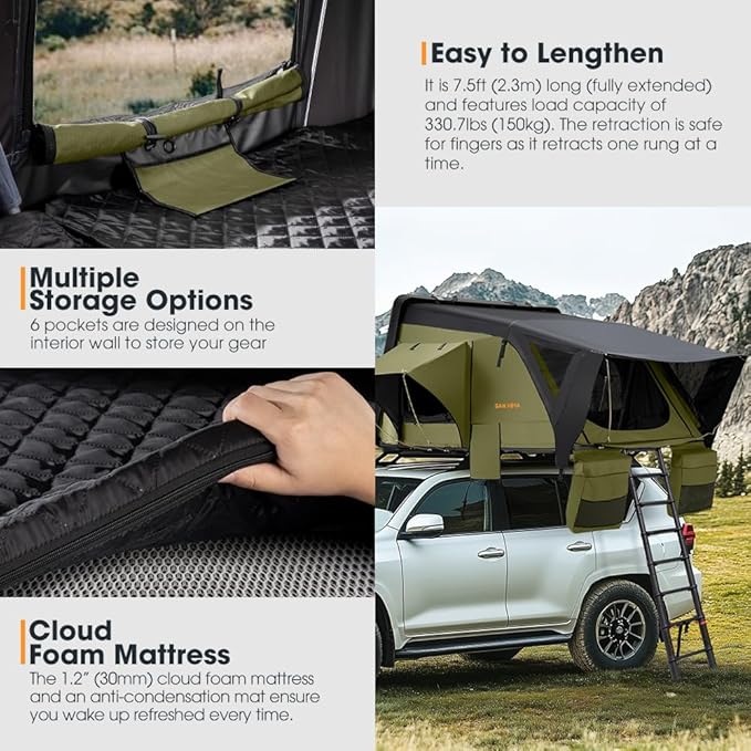 Sanhima Rooftop Tent Hard Shell - Jervis Overland Aluminium ABS Roof Top Tent w/Stargaze Window & LED Strip Light for Car SUV Truck Camping, 2-3 People