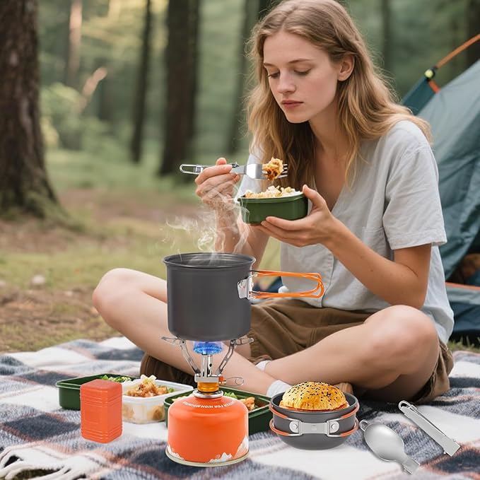 REDCAMP Stainless Steel Camping Mess Kit, Camping Dishes Set for 4, Camp Plate Set with Bowls Plates Cups Forks Spoons, for Backpacking, Outdoor Backpacking Hiking and Picnic
