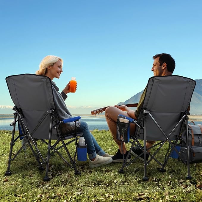 Overmont Back Support Camping Chair for Adults - Oversized with Adjustable High Backrest - Heavy Duty Folding Chair Supports 500 LBS - Cup Holder & Side Pocket – Perfect for Outdoor, Lawn, Beach Blue