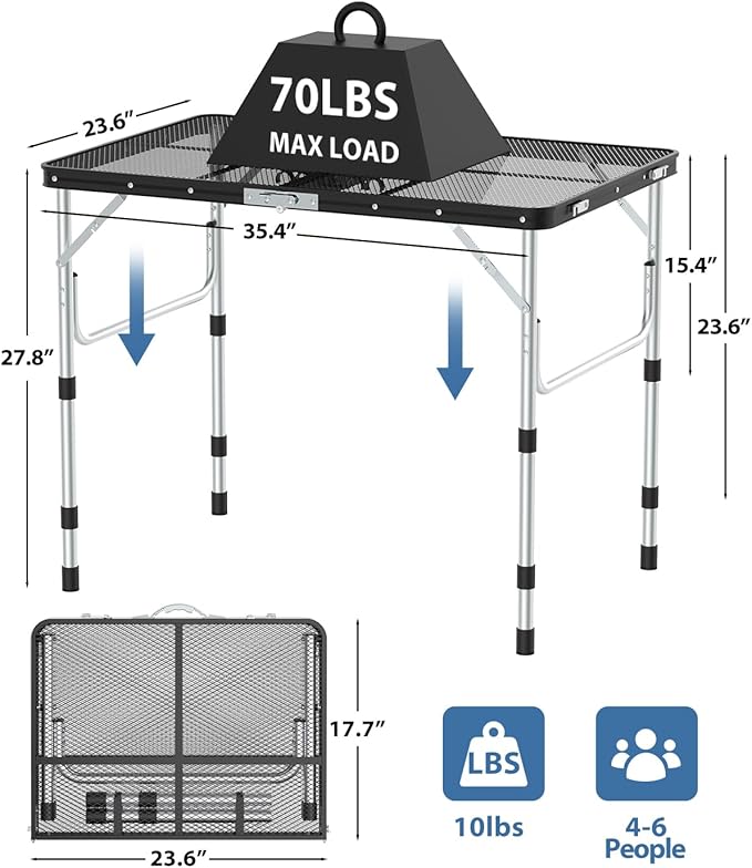 Sportneer Folding Table, 3 Heights Camping Table with 2 Hooks, Lightweight & Compact Aluminum Portable Grill Table for BBQ, RV, Picnic, Outdoor, Camping, Cooking, 35.4'' L x23.6'' W Large Size