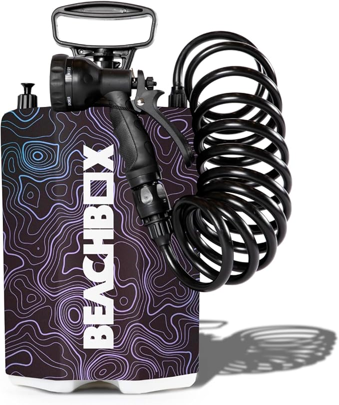 BeachBox Portable Shower Tank β Insulated Hot & Cold Water Tank for Camping, Beach, & Outdoor Adventures β 1.3 Gal Capacity β Multi-Spray Shower Gun β Easy Fill & Carry