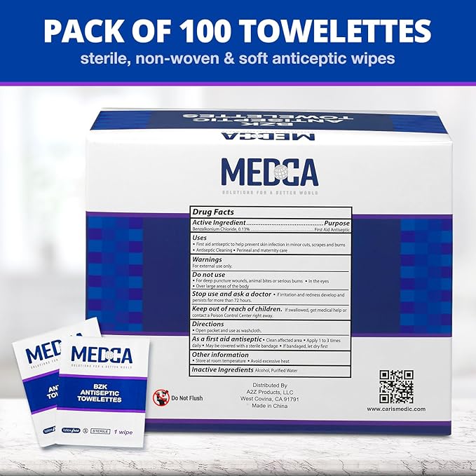 Hand Wipes – (Pack of 100) Benzalkonium Chloride Swabs Individual BZK Single-Use Packets by MEDca