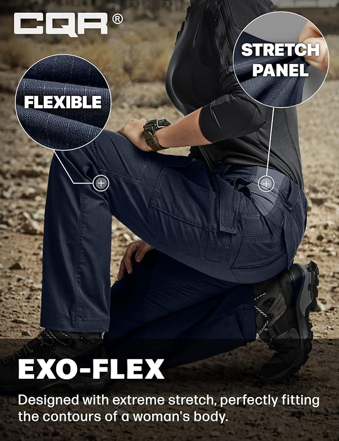 CQR Women's Flex Stretch Tactical Pants, Water Resistant Ripstop Cargo Work Pants with Pockets for Outdoor & Hiking