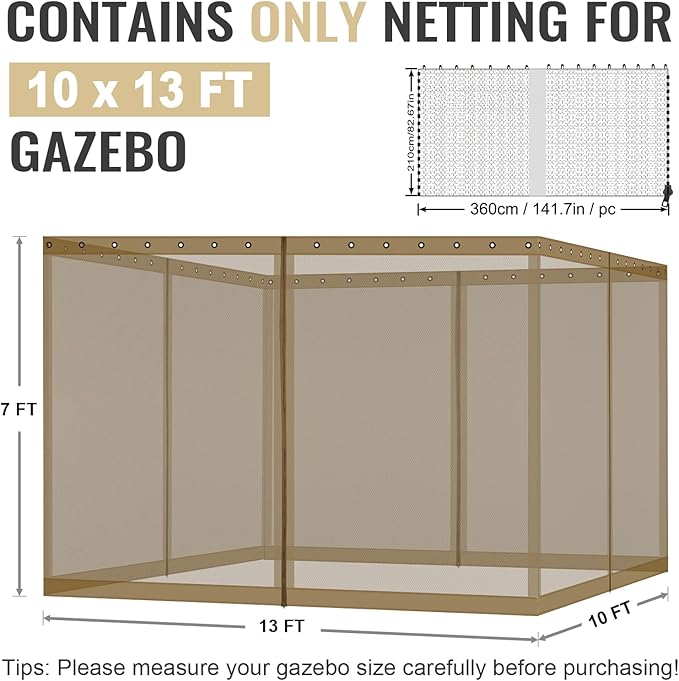 COWVIE Gazebo Replacement Netting Screen, 10' x 13' Universal Gazebo 4-Panel Mosquito Sidewalls with Double Zippers for Outdoor Patio (Only Netting)