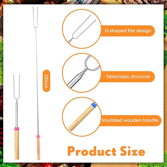 Minatee 28 Inch Marshmallow Roasting Sticks Bulk, Smores Skewers for Fire Pit, Hot Dog Camping Skewers Accessories Campfire Marshmellow Extendable Forks BBQ Tools Smores Sticks (12 Pcs)