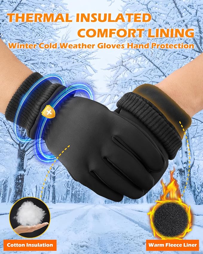 Winter Waterproof Gloves for Women: Water Proof Touch Screen Gloves for Men Running Hiking, Cold Weather Touchscreen Gloves for Phone Texting, Warm Snow Water Resistant Thermal Gloves Black