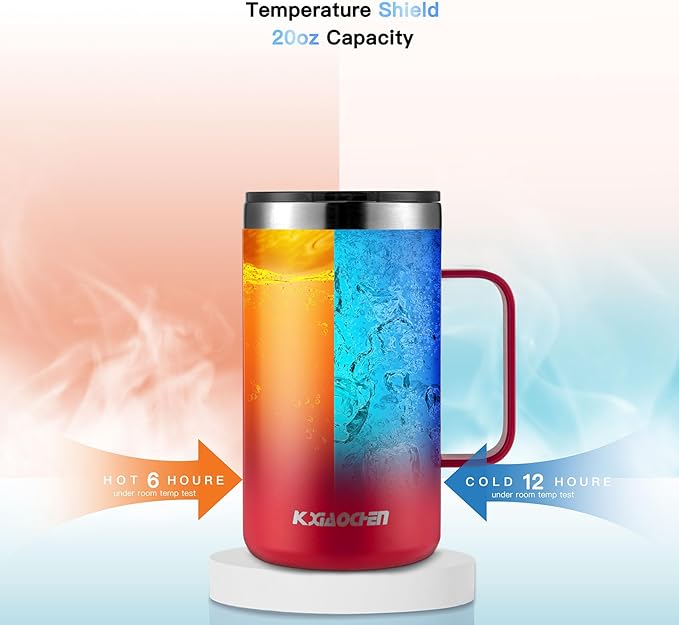 KXIAOCHEN 20oz Insulated Coffee Mug with Lid, Stainless Steel Coffee Cup, Double Wall Vacuum Coffee Tumbler with Handle, Premium Thermal Travel Coffee Mug (Red Emerald 2Pack)